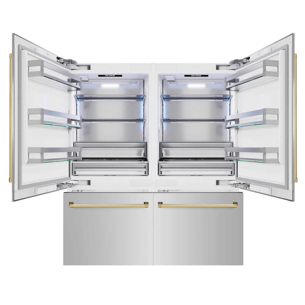 ZLINE Autograph Edition 72-inch refrigerator in stainless steel with bright white interior and polished gold accents RBITZ-304-72G, front view