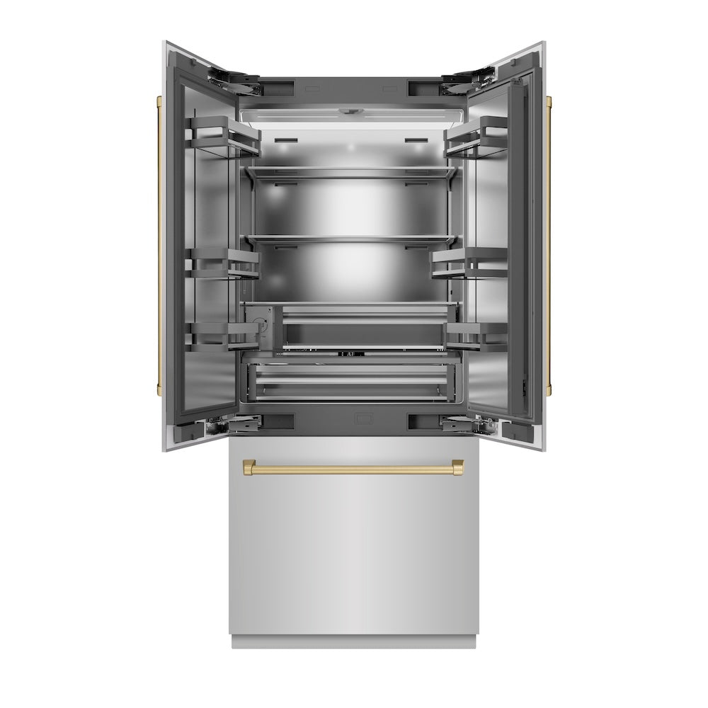 ZLINE Autograph Edition 36-inch refrigerator in stainless steel with stainless steel interior and champagne bronze accents SRBIVZ-304-36CB, front view