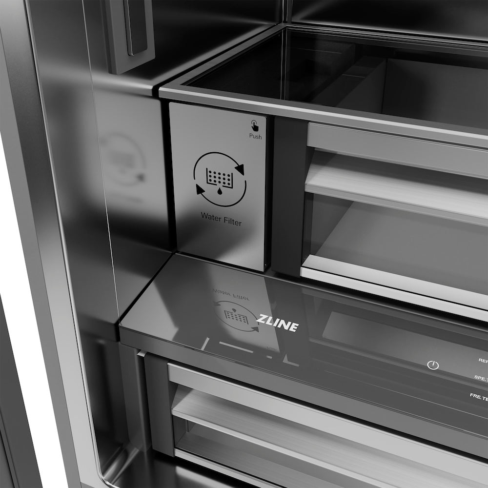 ZLINE Autograph Edition 36-inch refrigerator in stainless steel with stainless steel interior and polished gold accents SRBIVZ-304-36G, detail