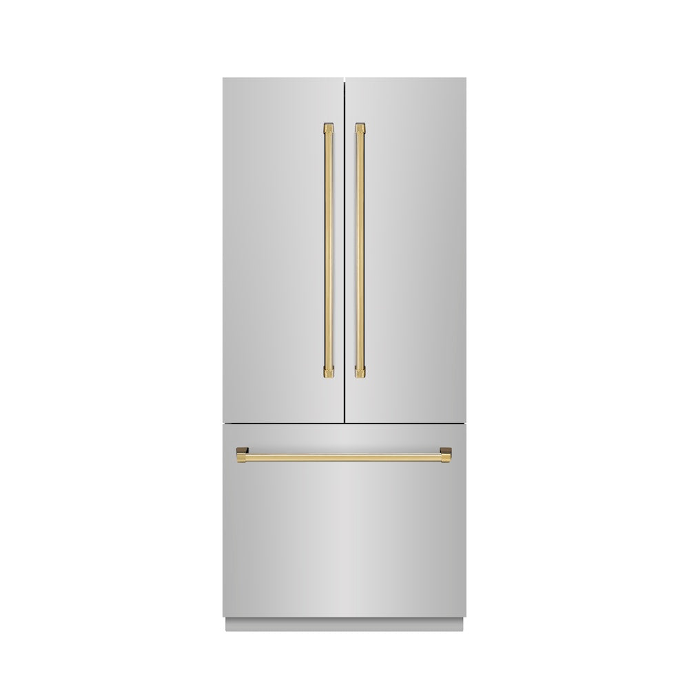 ZLINE Autograph Edition 36-inch refrigerator in stainless steel with stainless steel interior and polished gold accents SRBIVZ-304-36G, front view