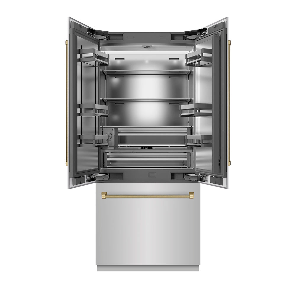 ZLINE Autograph Edition 36-inch refrigerator in stainless steel with stainless steel interior and champagne bronze accents SRBIVZ-30436KCB