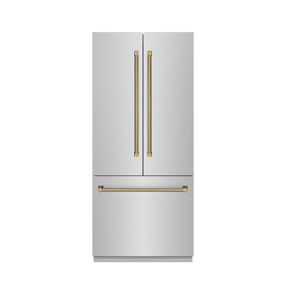 ZLINE Autograph Edition 36-inch refrigerator in stainless steel with stainless steel interior and polished gold accents SRBIVZ-30436KG, front view