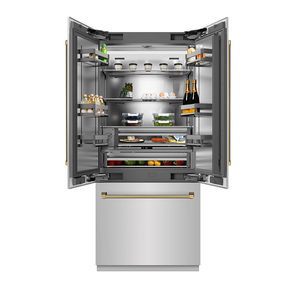 ZLINE Autograph Edition 36-inch refrigerator in stainless steel with stainless steel interior and polished gold accents SRBIVZ-30436KG, front view