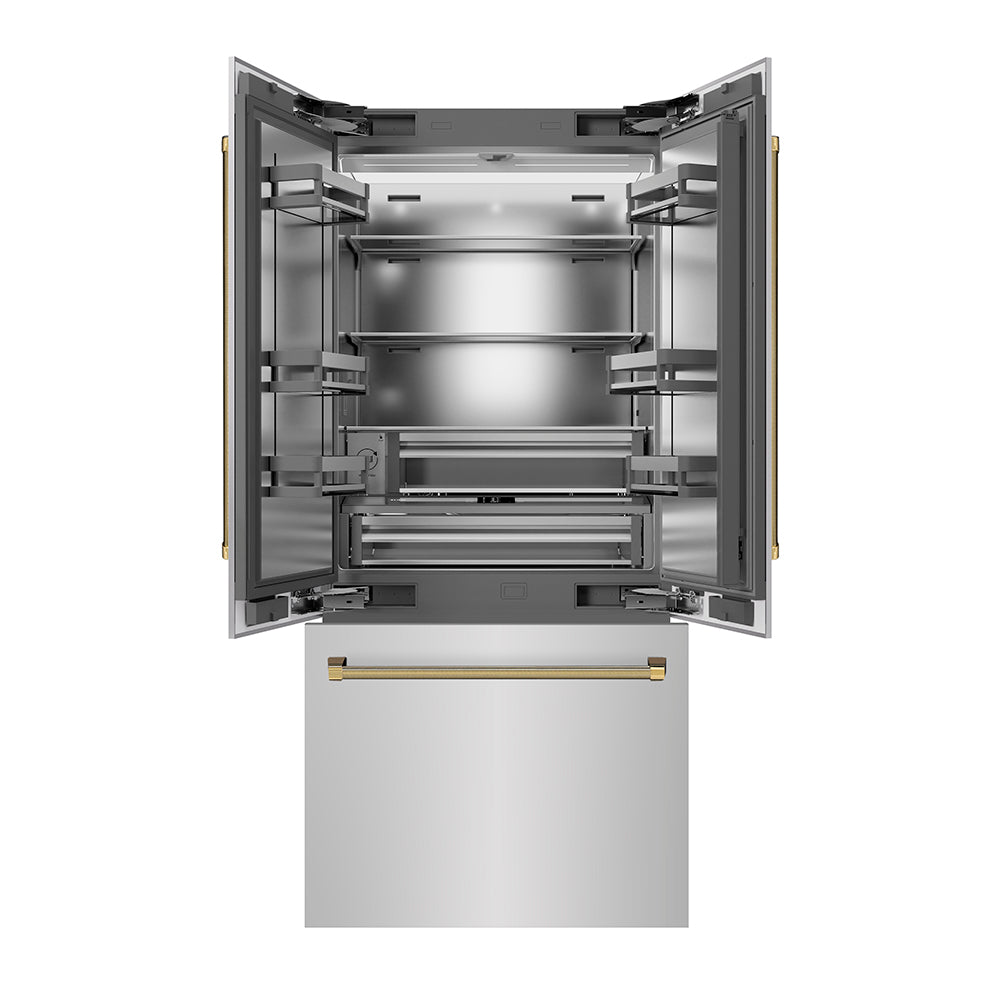 ZLINE Autograph Edition 36-inch refrigerator in stainless steel with stainless steel interior and polished gold accents SRBIVZ-30436KG