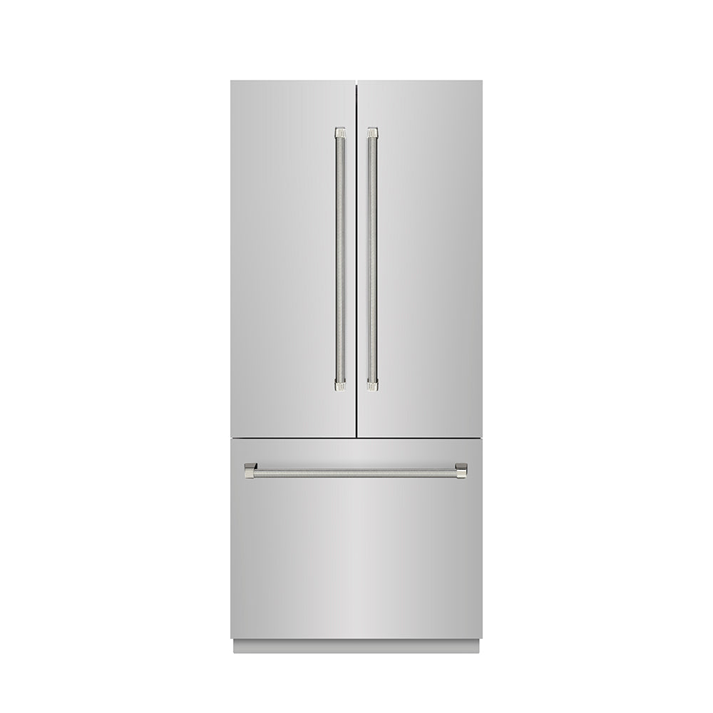 ZLINE Autograph Edition 36-inch refrigerator in stainless steel with stainless steel interior and polished nickel accents SRBIVZ-30436KPN, front view