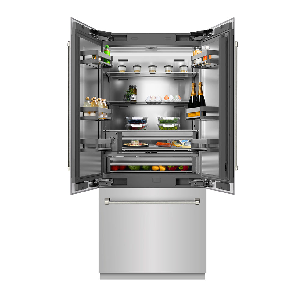 ZLINE Autograph Edition 36-inch refrigerator in stainless steel with stainless steel interior and polished nickel accents SRBIVZ-30436KPN, front view