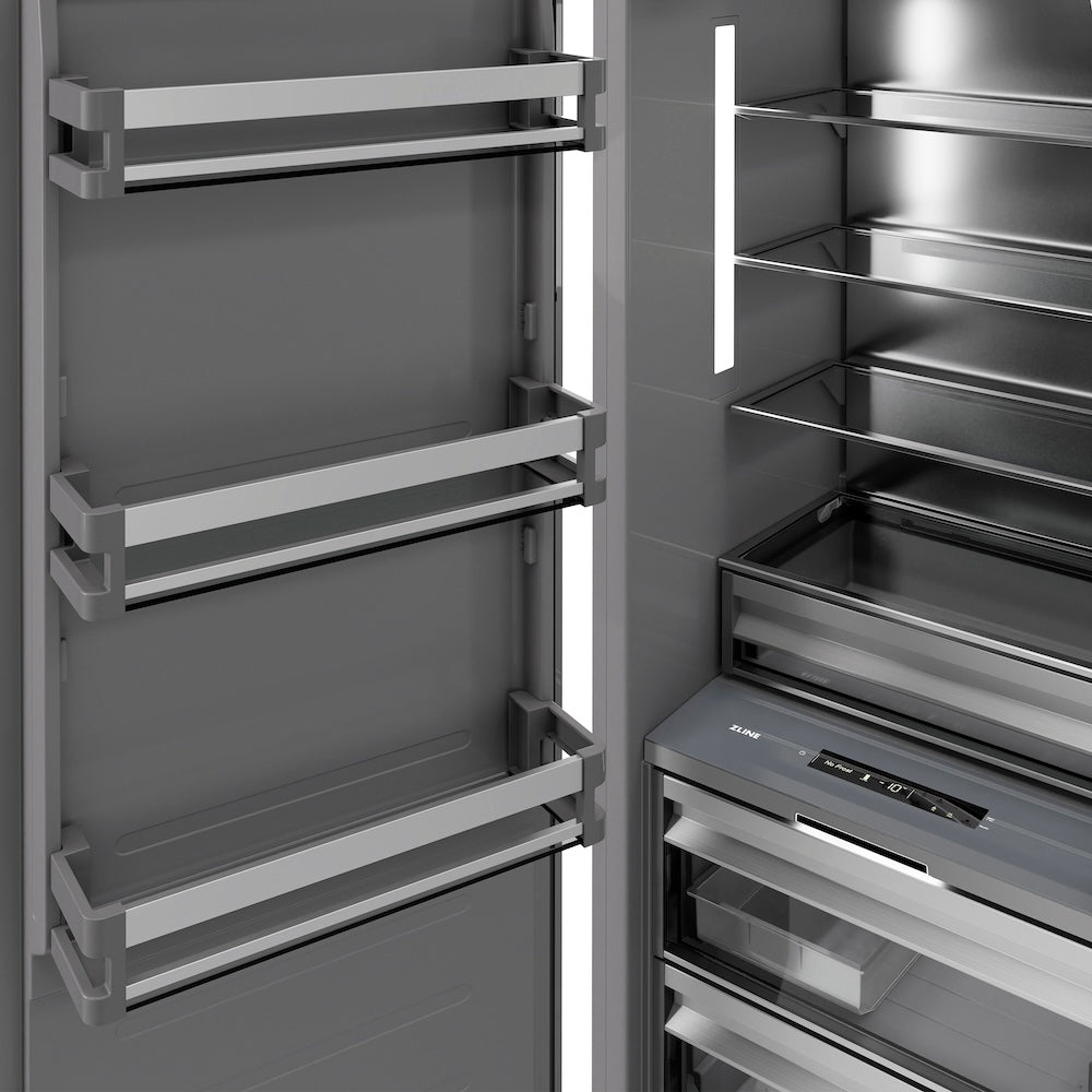 ZLINE Autograph Edition 18-inch freezer in white matte with graphite gray interior and polished gold accents RCFVLZ-WM-18-G, door open