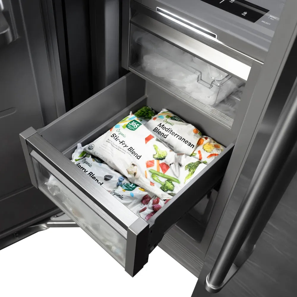 ZLINE Autograph Edition 18-inch freezer in white matte with graphite gray interior and polished gold accents RCFVLZ-WM-18-G, detail