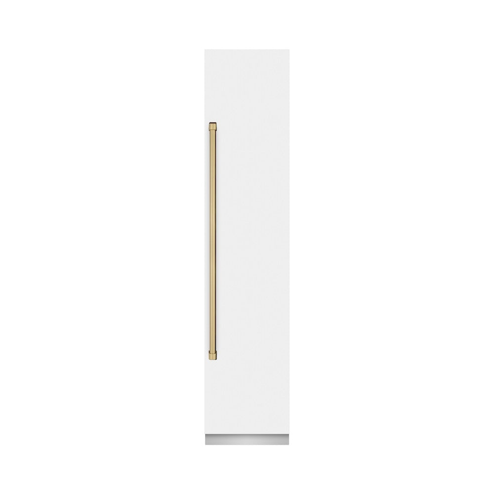 ZLINE Autograph Edition 18-inch freezer in white matte with graphite gray interior and champagne bronze accents RCFVRZ-WM-18-CB, front view