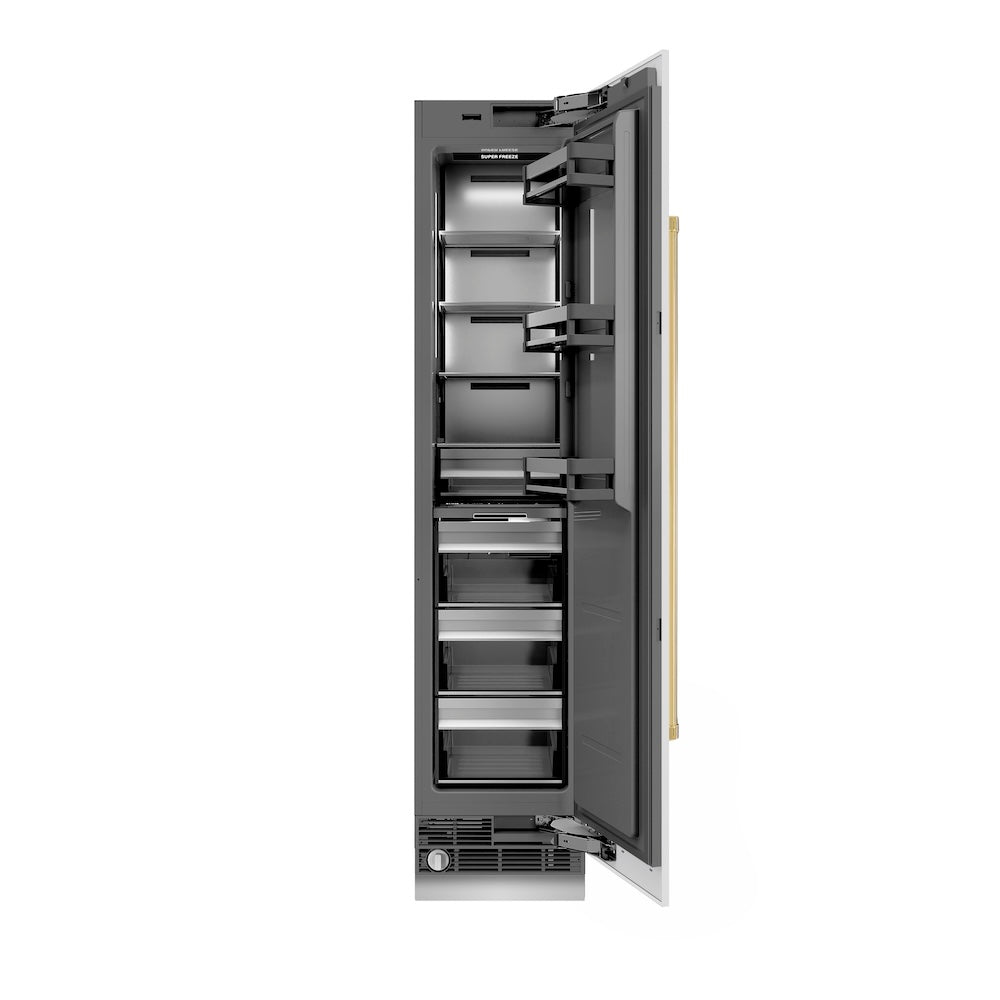 ZLINE Autograph Edition 18-inch freezer in white matte with graphite gray interior and polished gold accents RCFVRZ-WM-18-G