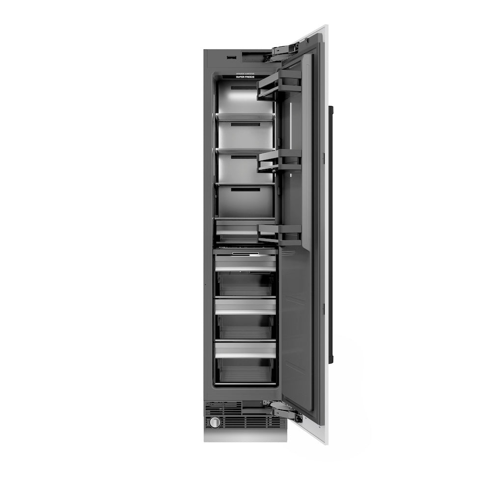 ZLINE Autograph Edition 18-inch freezer in white matte with graphite gray interior and matte black accents RCFVRZ-WM-18-MB
