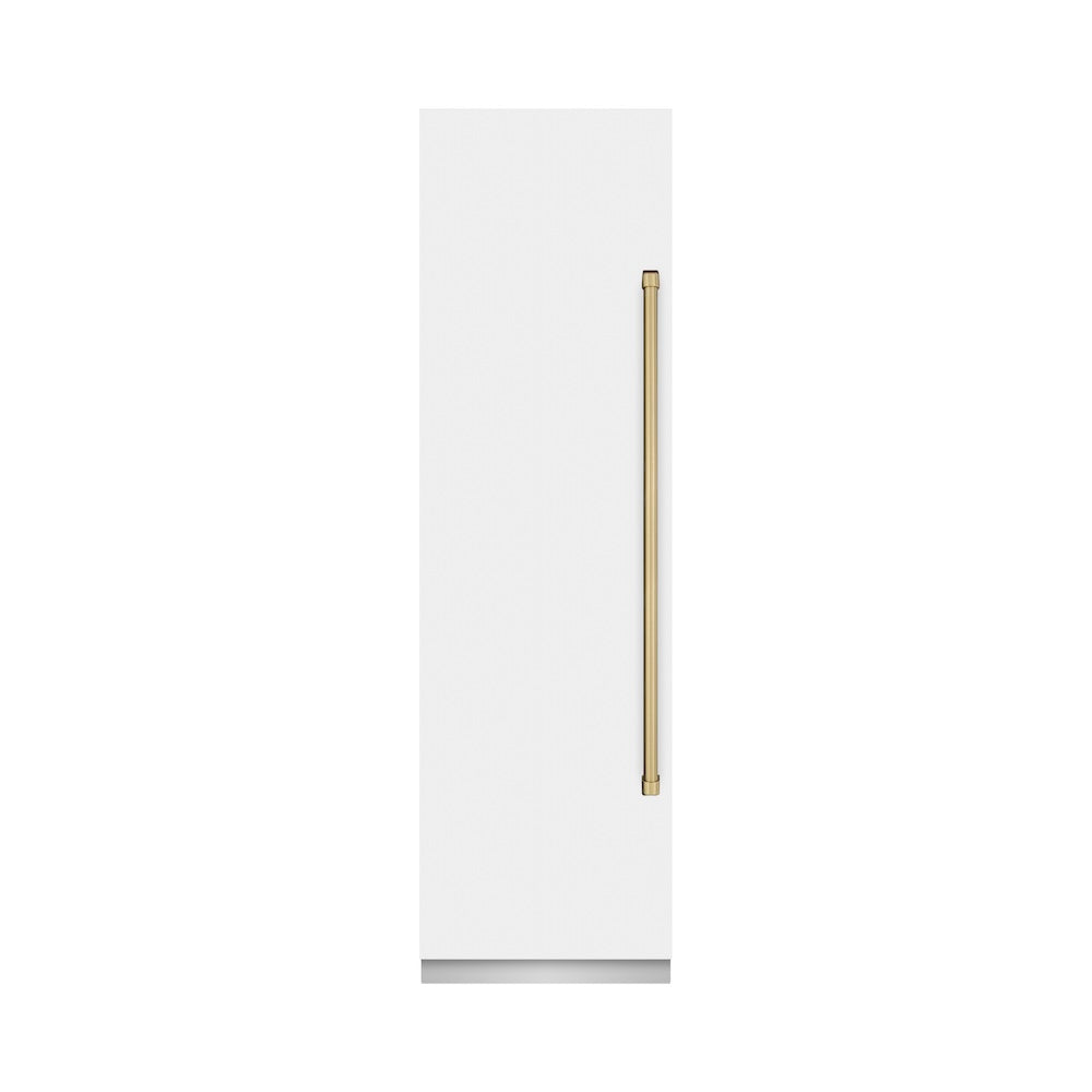 ZLINE Autograph Edition 24-inch freezer in white matte with graphite gray interior and champagne bronze accents RCFVZ-WM-24-CB, front view