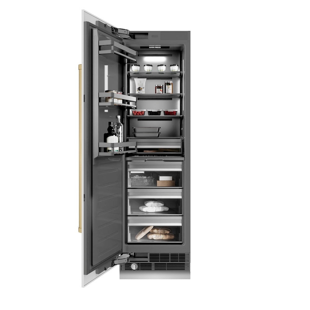 ZLINE Autograph Edition 24-inch freezer in white matte with graphite gray interior and champagne bronze accents RCFVZ-WM-24-CB, front view