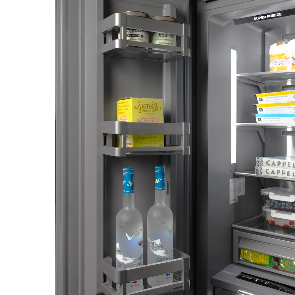 ZLINE Autograph Edition 24-inch freezer in white matte with graphite gray interior and polished gold accents RCFVZ-WM-24-G, door open