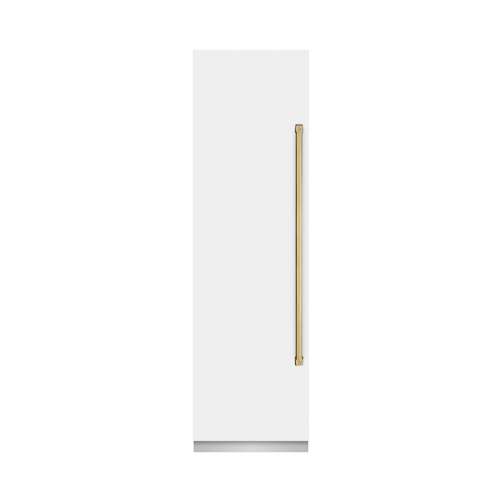 ZLINE Autograph Edition 24-inch freezer in white matte with graphite gray interior and polished gold accents RCFVZ-WM-24-G, front view