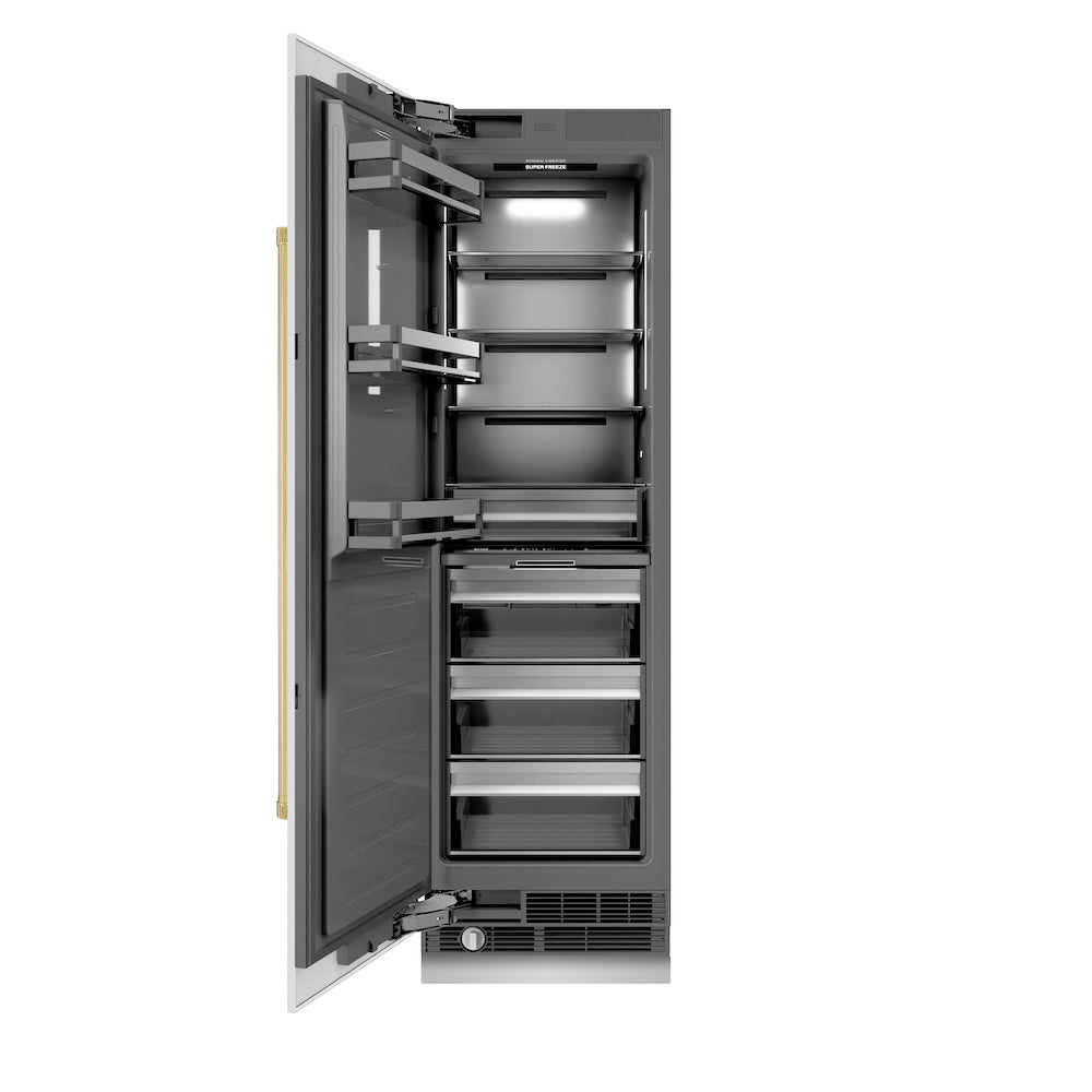 ZLINE Autograph Edition 24-inch freezer in white matte with graphite gray interior and polished gold accents RCFVZ-WM-24-G