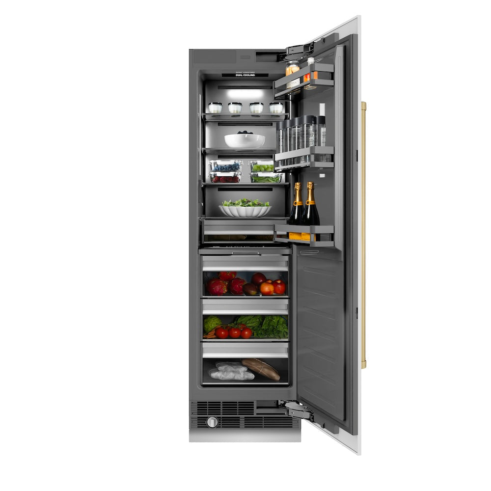 ZLINE Autograph Edition 24-inch refrigerator in white matte with graphite gray interior and champagne bronze accents RCRVZ-WM-24-CB, front view