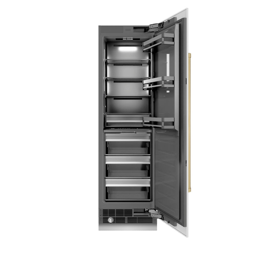 ZLINE Autograph Edition 24-inch refrigerator in white matte with graphite gray interior and champagne bronze accents RCRVZ-WM-24-CB