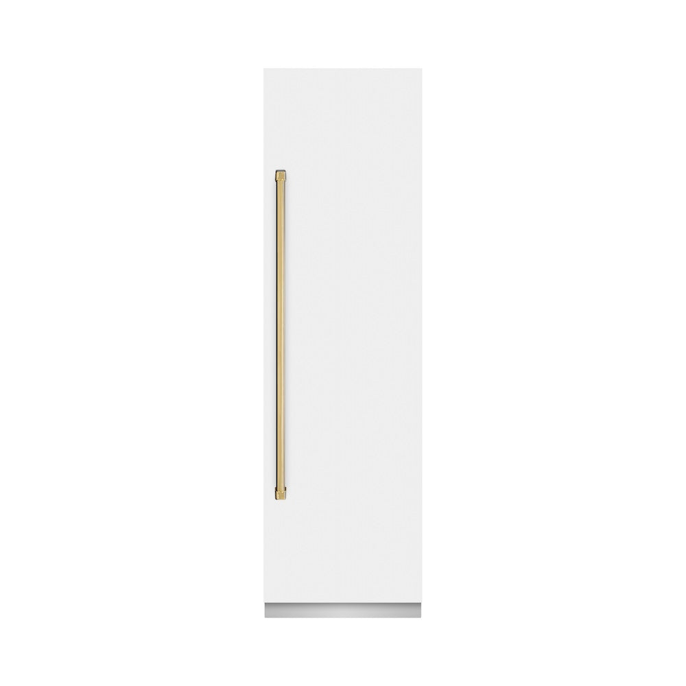 ZLINE Autograph Edition 24-inch refrigerator in white matte with graphite gray interior and polished gold accents RCRVZ-WM-24-G, front view