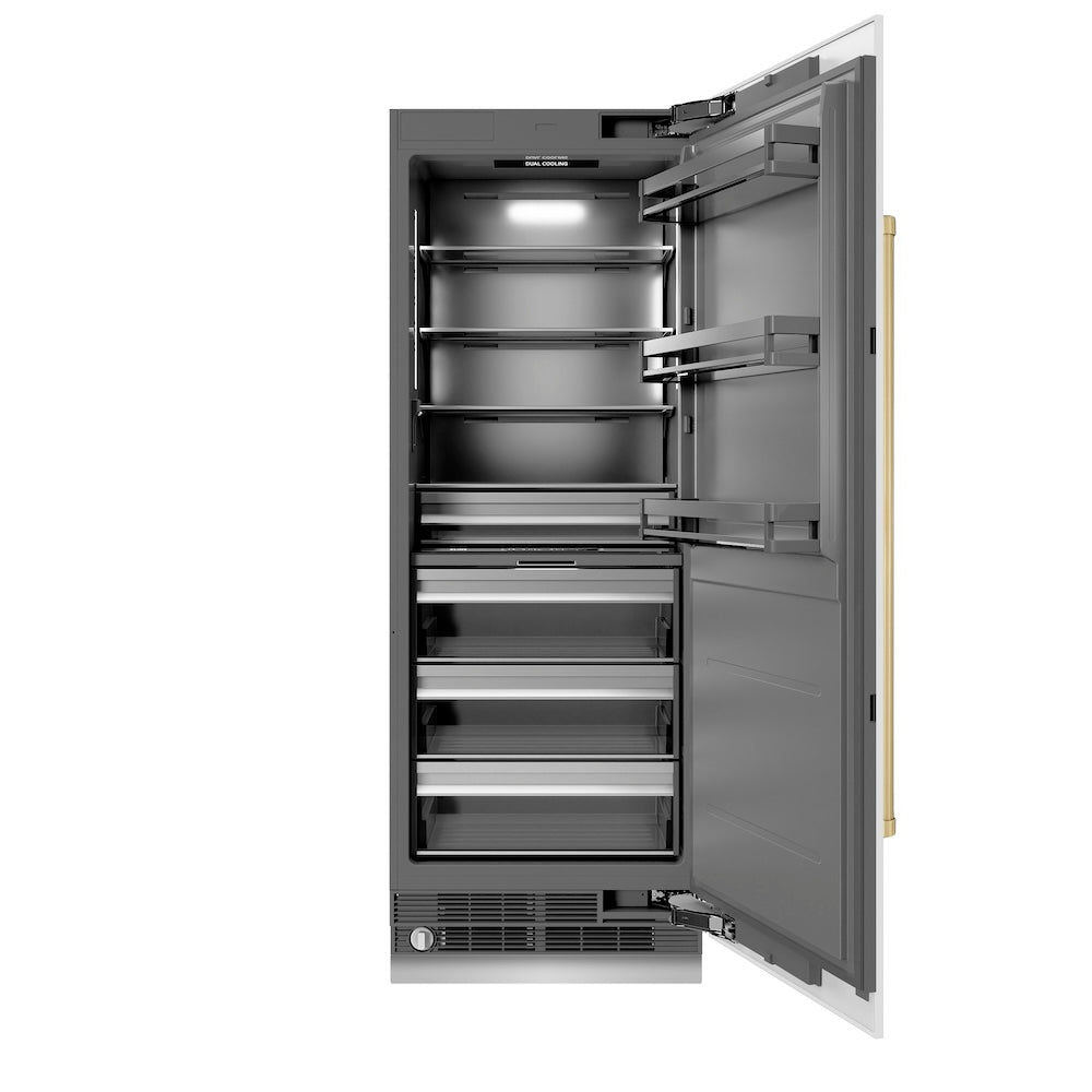 ZLINE Autograph Edition 30-inch refrigerator in white matte with graphite gray interior and champagne bronze accents RCRVZ-WM-30-CB