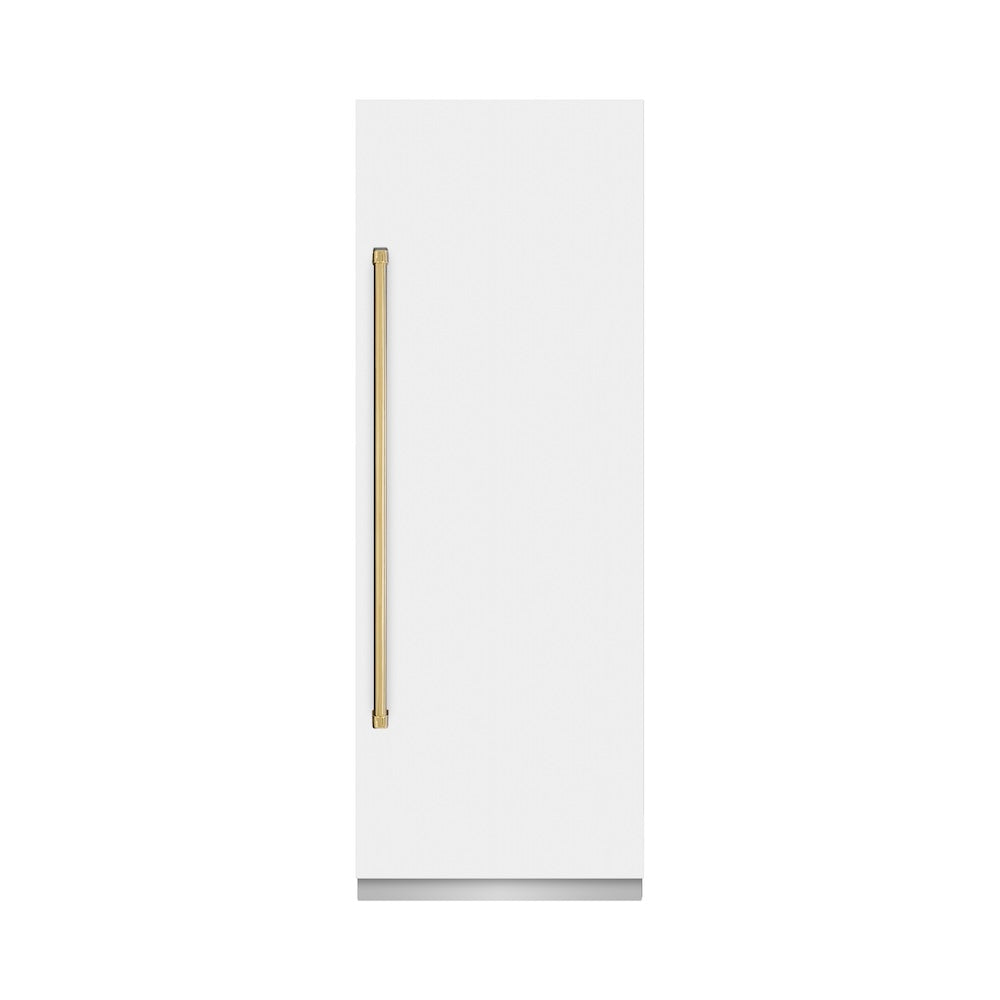 ZLINE Autograph Edition 30-inch refrigerator in white matte with graphite gray interior and polished gold accents RCRVZ-WM-30-G, front view
