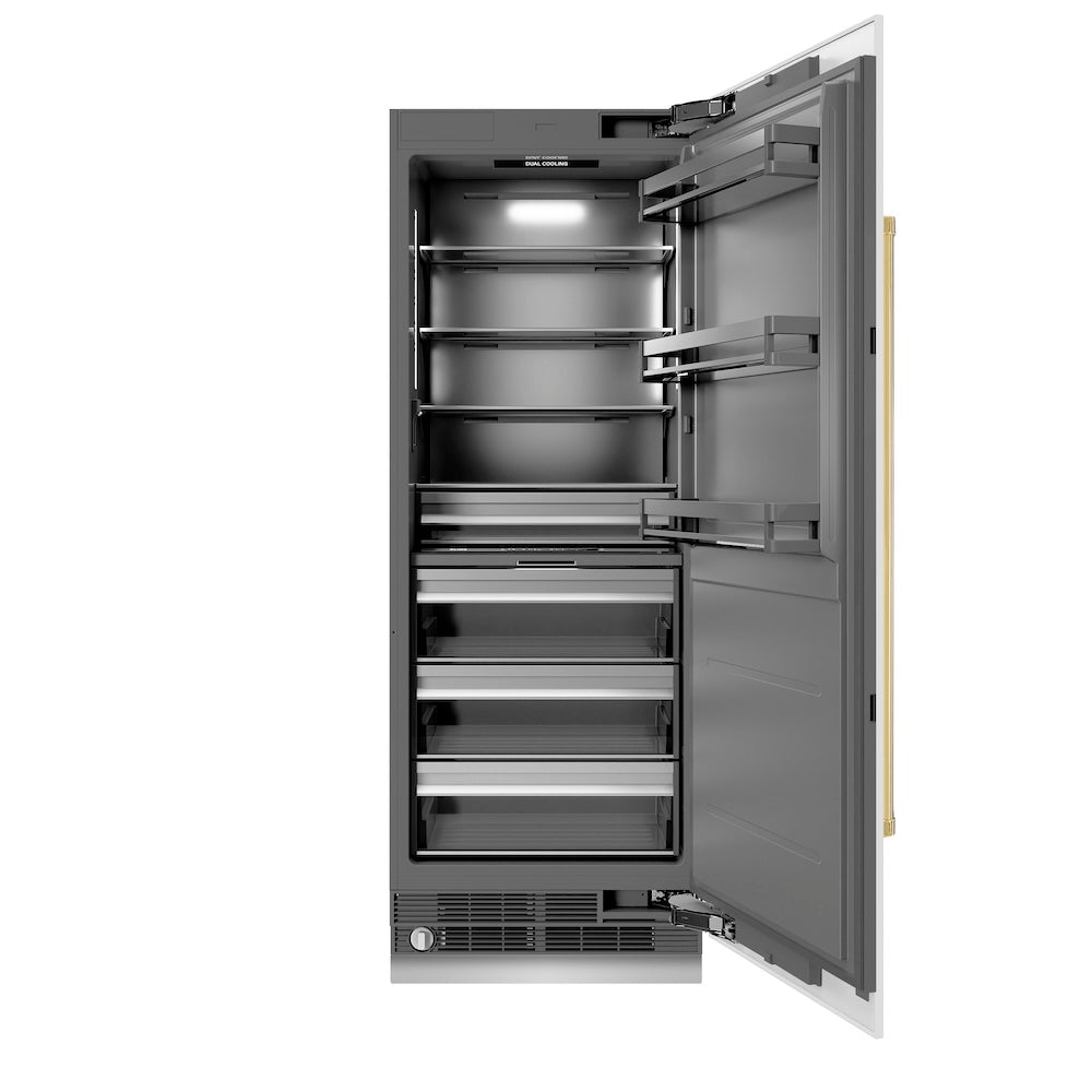 ZLINE Autograph Edition 30-inch refrigerator in white matte with graphite gray interior and polished gold accents RCRVZ-WM-30-G