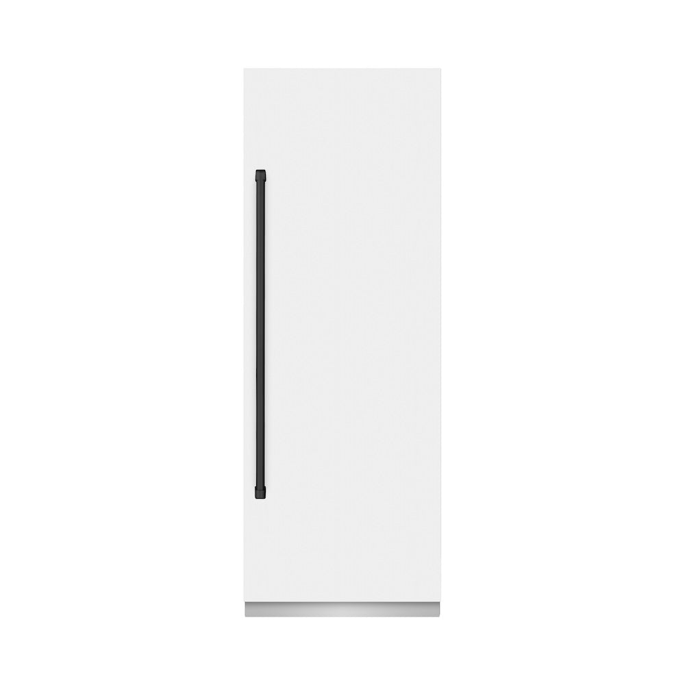 ZLINE Autograph Edition 30-inch refrigerator in white matte with graphite gray interior and matte black accents RCRVZ-WM-30-MB, front view