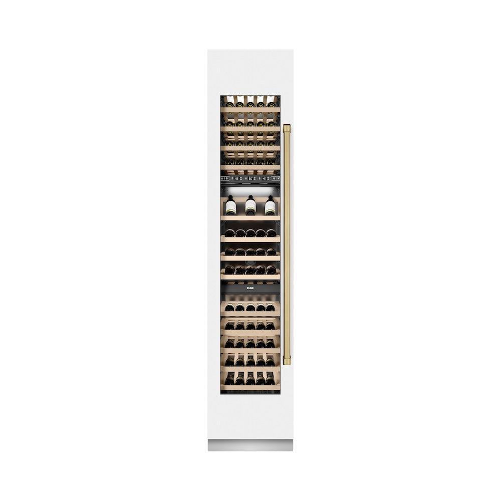 ZLINE Autograph Edition 18-inch wine cooler in white matte with graphite gray interior and champagne bronze accents RCWVLZ-WM-18-CB, front view