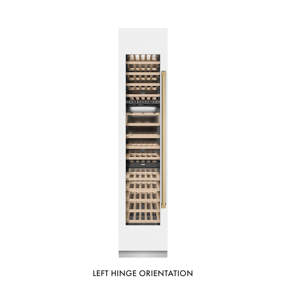 ZLINE Autograph Edition 18-inch wine cooler in white matte with graphite gray interior and polished gold accents RCWVLZ-WM-18-G