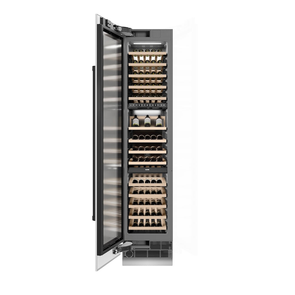 ZLINE Autograph Edition 18-inch wine cooler in white matte with graphite gray interior and matte black accents RCWVLZ-WM-18-MB, front view
