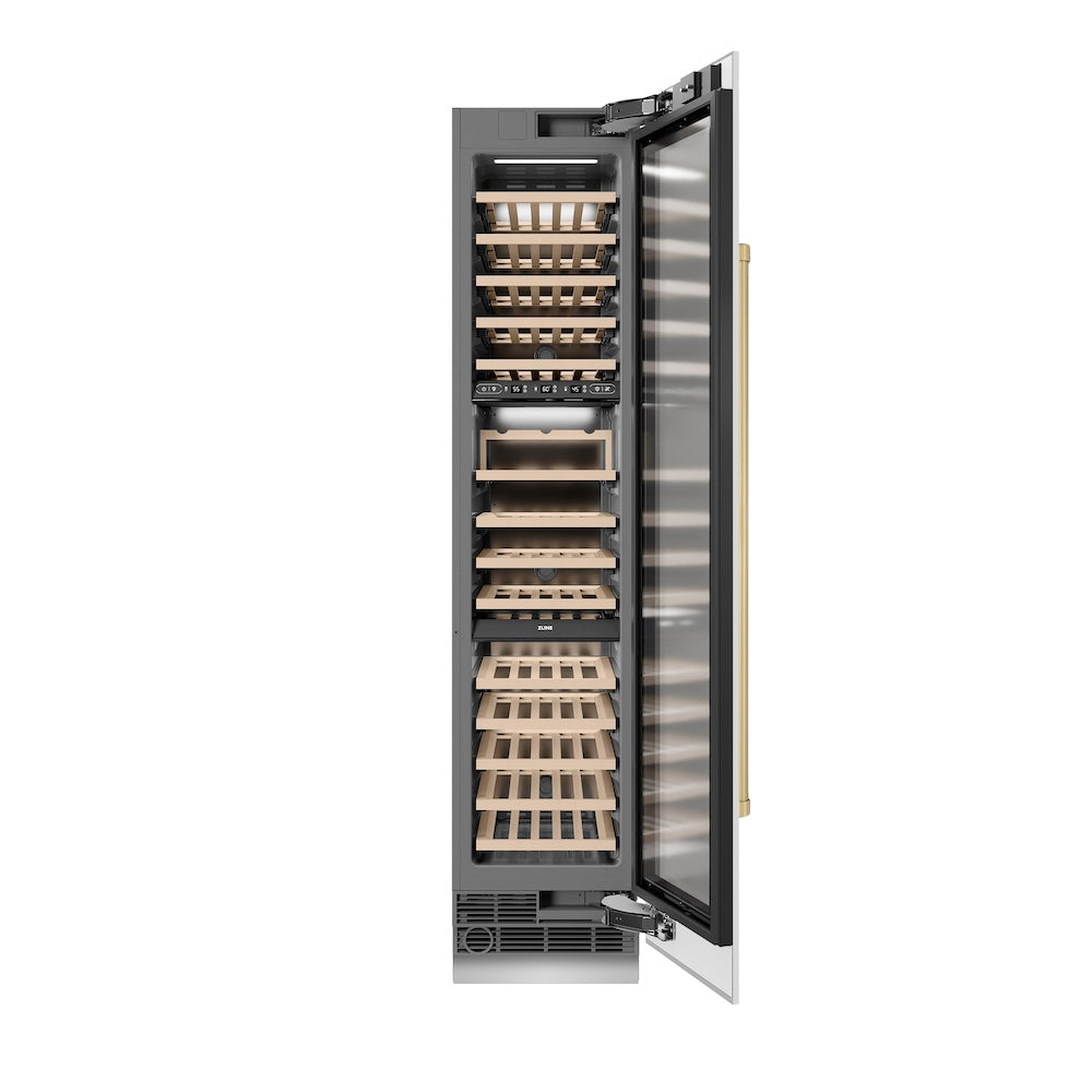 ZLINE Autograph Edition 18-inch wine cooler in white matte with graphite gray interior and champagne bronze accents RCWVRZ-WM-18-CB, front view
