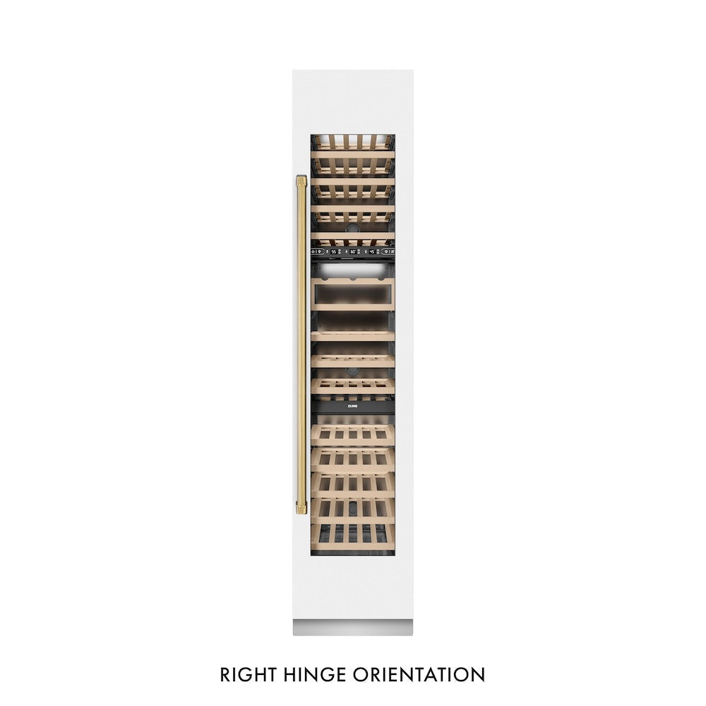 ZLINE Autograph Edition 18-inch wine cooler in white matte with graphite gray interior and polished gold accents RCWVRZ-WM-18-G