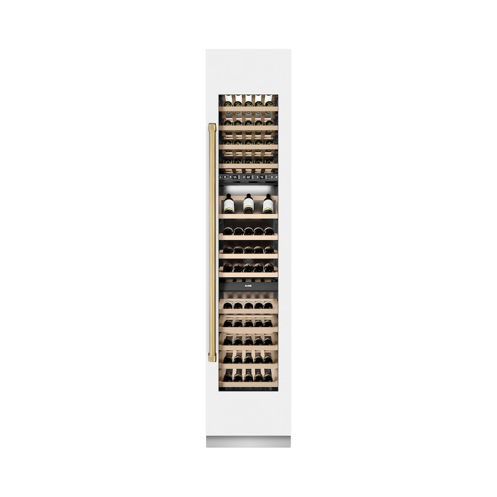 ZLINE Autograph Edition 18-inch wine cooler in white matte with graphite gray interior and polished gold accents RCWVRZ-WM-18-G, front view