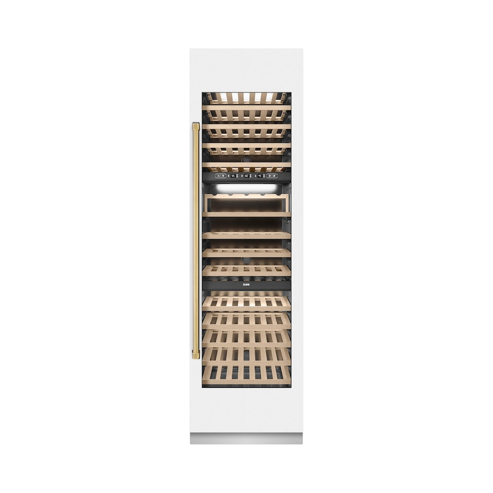 ZLINE Autograph Edition 24-inch wine cooler in white matte with graphite gray interior and polished gold accents RCWVZ-WM-24-G