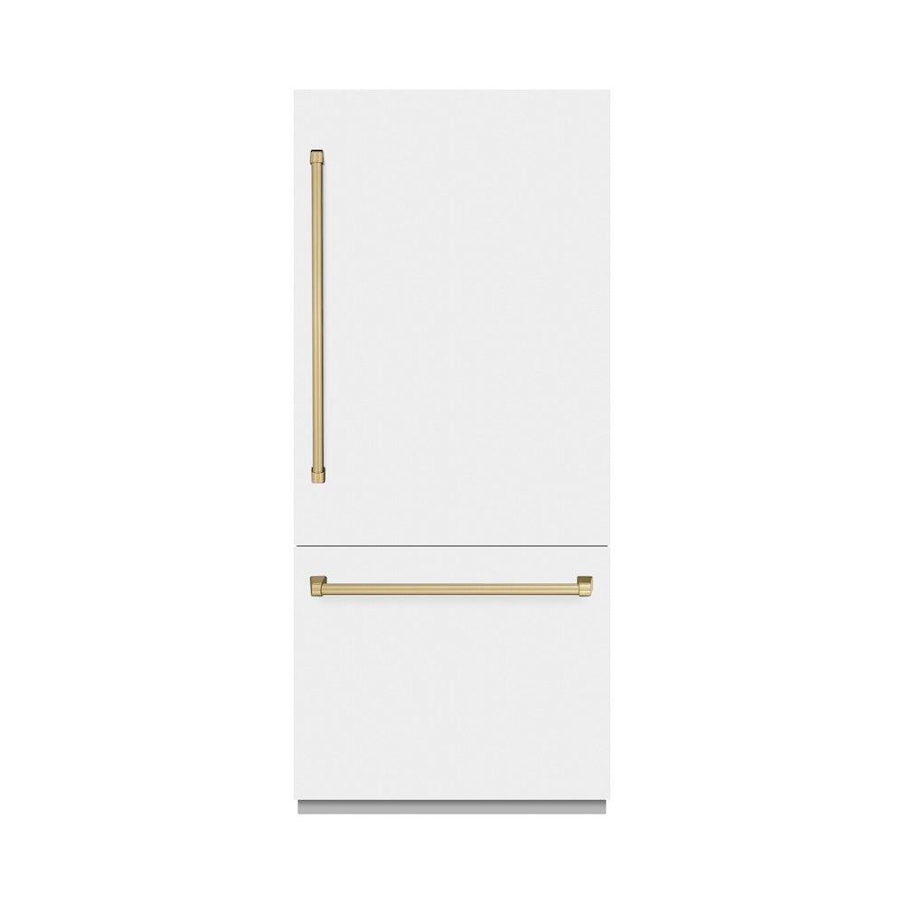 ZLINE Autograph Edition 36-inch refrigerator in white matte with graphite gray interior and champagne bronze accents GRBITZ-WM-36-CB, front view
