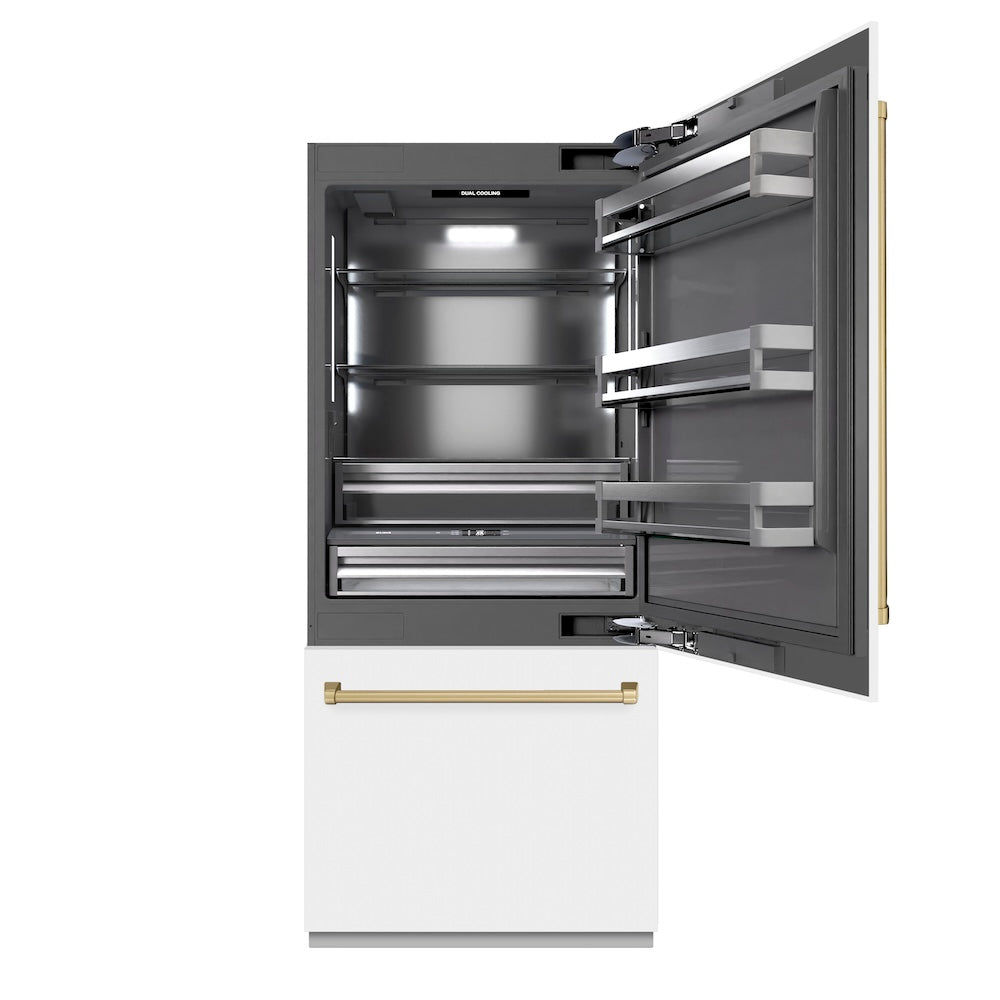 ZLINE Autograph Edition 36-inch refrigerator in white matte with graphite gray interior and champagne bronze accents GRBITZ-WM-36-CB, front view