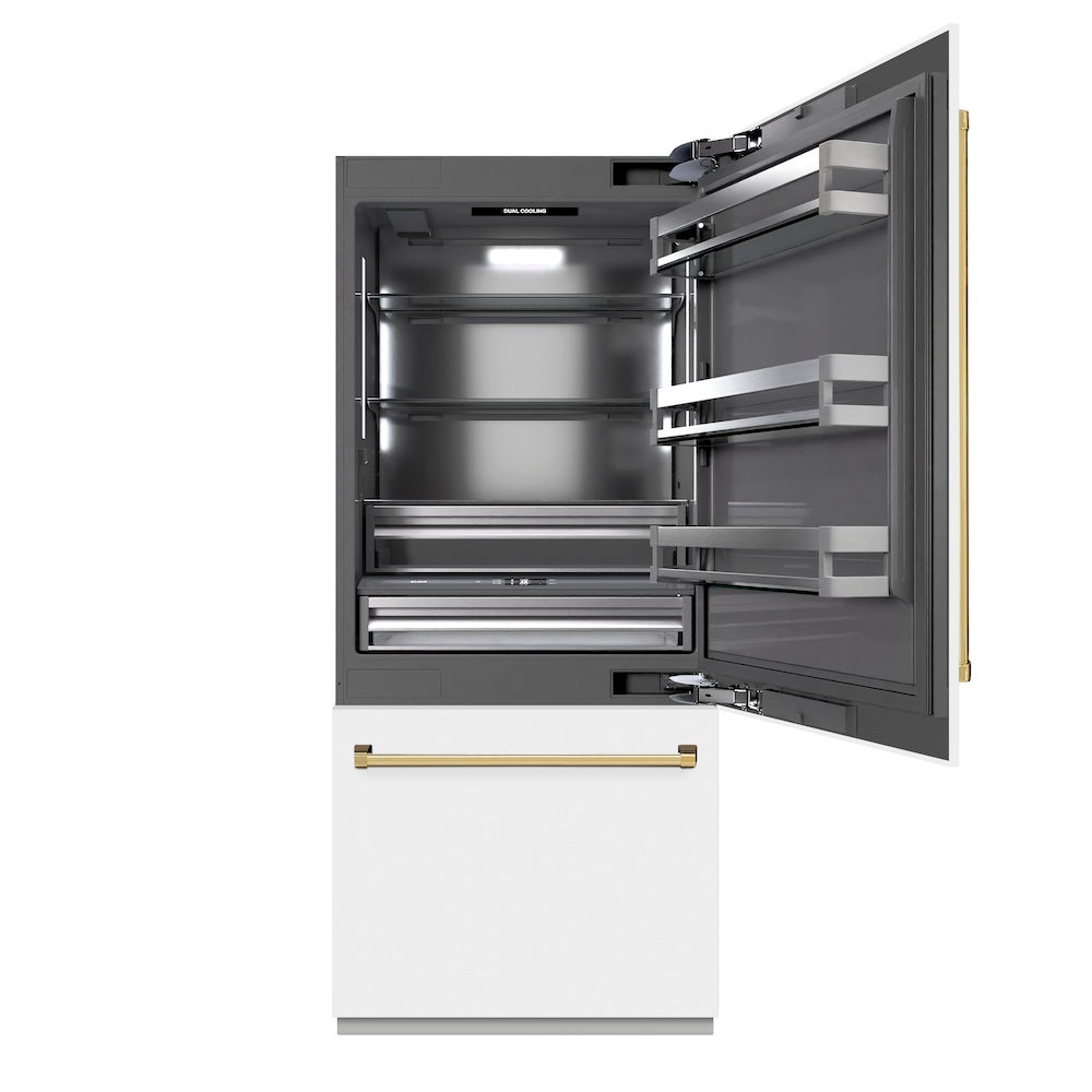 ZLINE Autograph Edition 36-inch refrigerator in white matte with graphite gray interior and polished gold accents GRBITZ-WM-36-G, front view