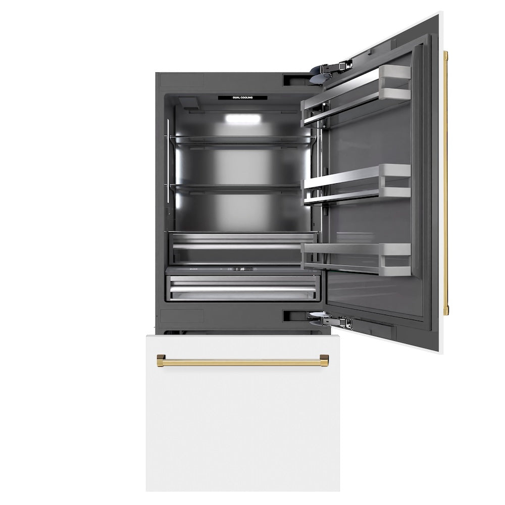 ZLINE Autograph Edition 36-inch refrigerator in white matte with graphite gray interior and polished gold accents GRBITZ-WM-36-G