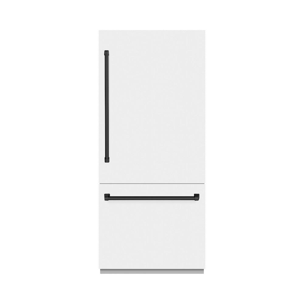 ZLINE Autograph Edition 36-inch refrigerator in white matte with graphite gray interior and matte black accents GRBITZ-WM-36-MB, front view