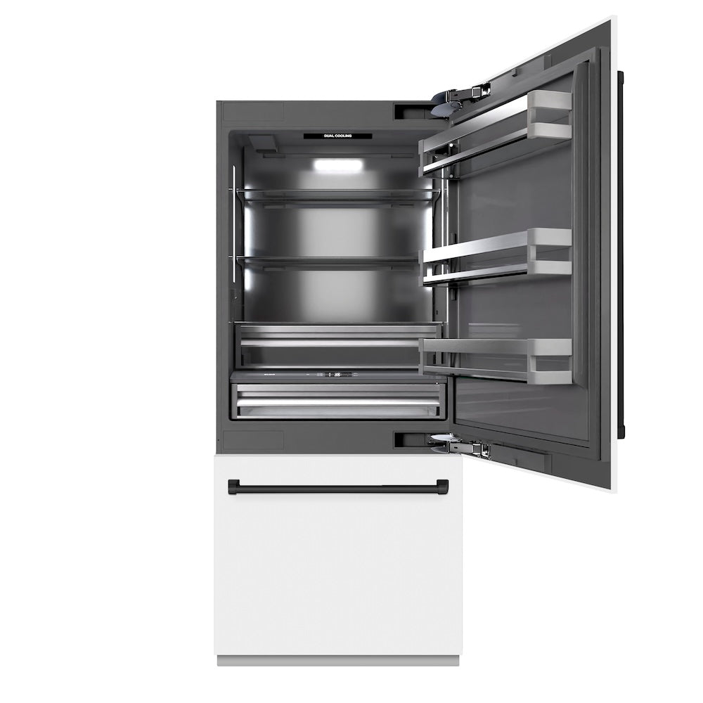 ZLINE Autograph Edition 36-inch refrigerator in white matte with graphite gray interior and matte black accents GRBITZ-WM-36-MB, front view