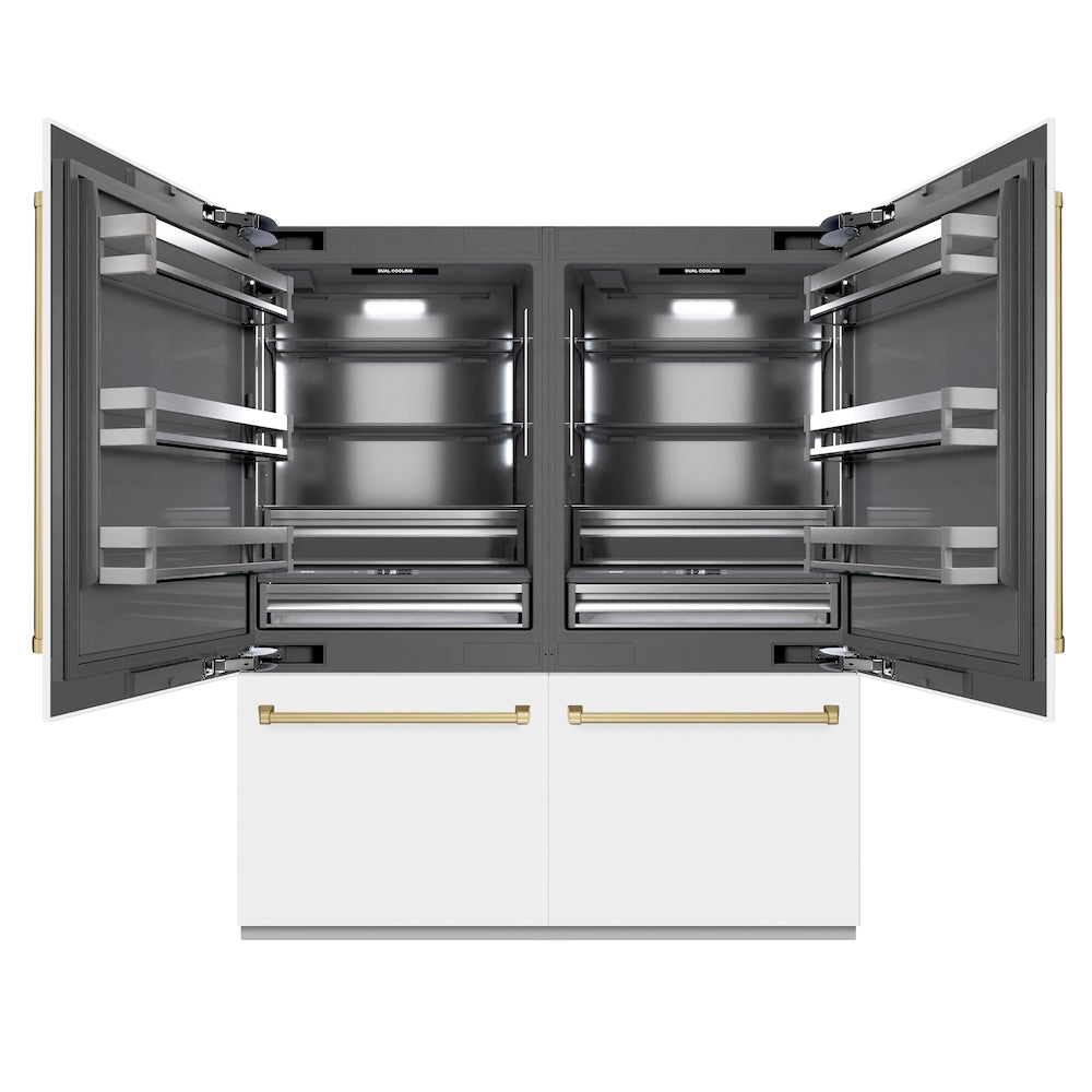ZLINE Autograph Edition 72-inch refrigerator in white matte with graphite gray interior and champagne bronze accents GRBITZ-WM-72-CB, front view