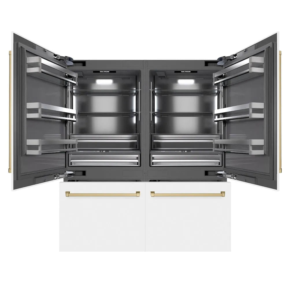 ZLINE Autograph Edition 72-inch refrigerator in white matte with graphite gray interior and champagne bronze accents GRBITZ-WM-72-CB