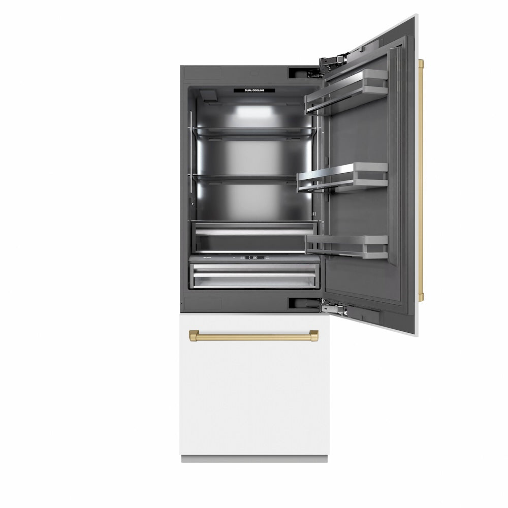 ZLINE Autograph Edition 30-inch refrigerator in white matte with graphite gray interior and champagne bronze accents GRBIVZ-WM-30-CB, front view