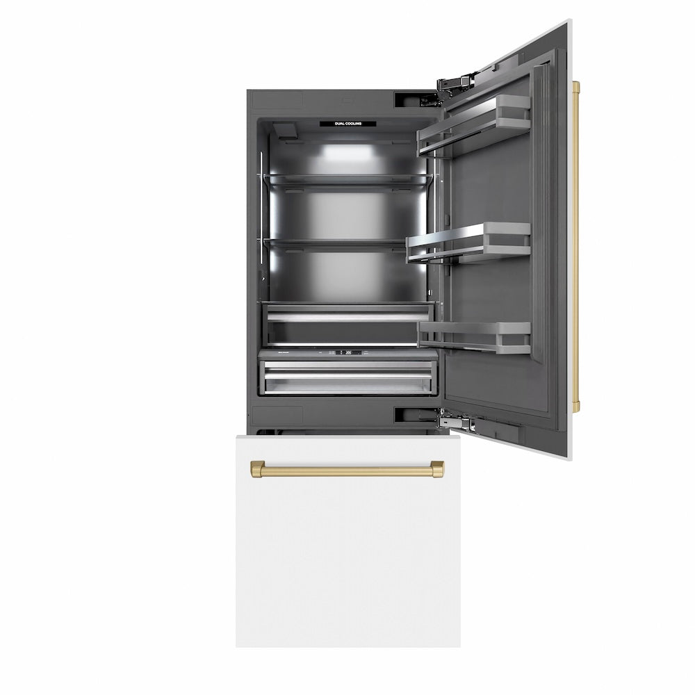 ZLINE Autograph Edition 30-inch refrigerator in white matte with graphite gray interior and champagne bronze accents GRBIVZ-WM-30-CB