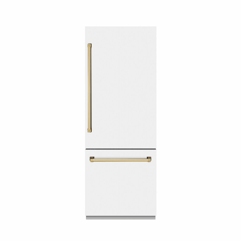 ZLINE Autograph Edition 30-inch refrigerator in white matte with graphite gray interior and polished gold accents GRBIVZ-WM-30-G, front view