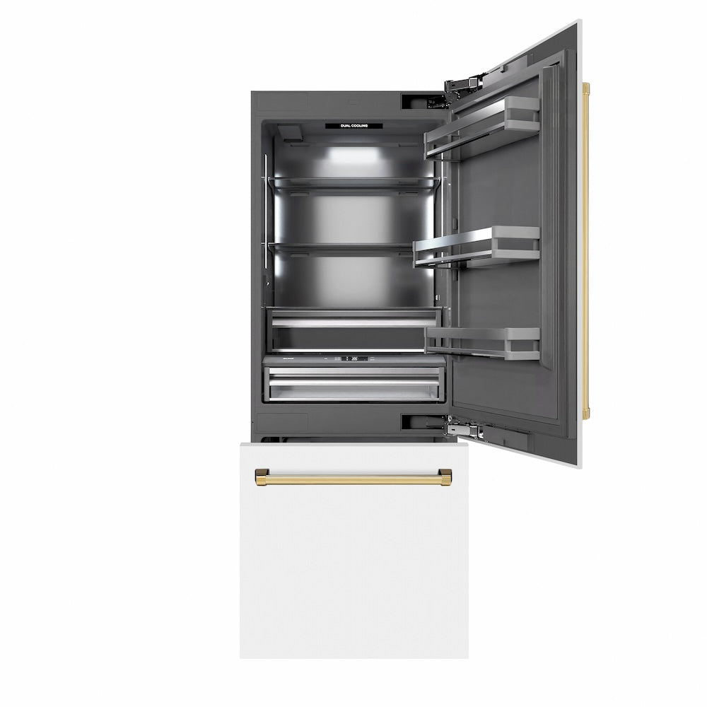 ZLINE Autograph Edition 30-inch refrigerator in white matte with graphite gray interior and polished gold accents GRBIVZ-WM-30-G