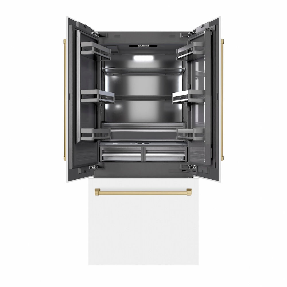 ZLINE Autograph Edition 36-inch refrigerator in white matte with graphite gray interior and champagne bronze accents GRBIVZ-WM-36-CB