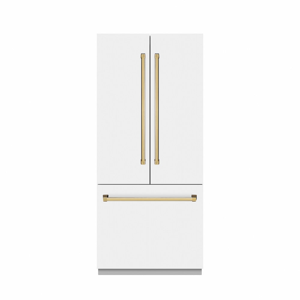ZLINE Autograph Edition 36-inch refrigerator in white matte with graphite gray interior and polished gold accents GRBIVZ-WM-36-G, front view