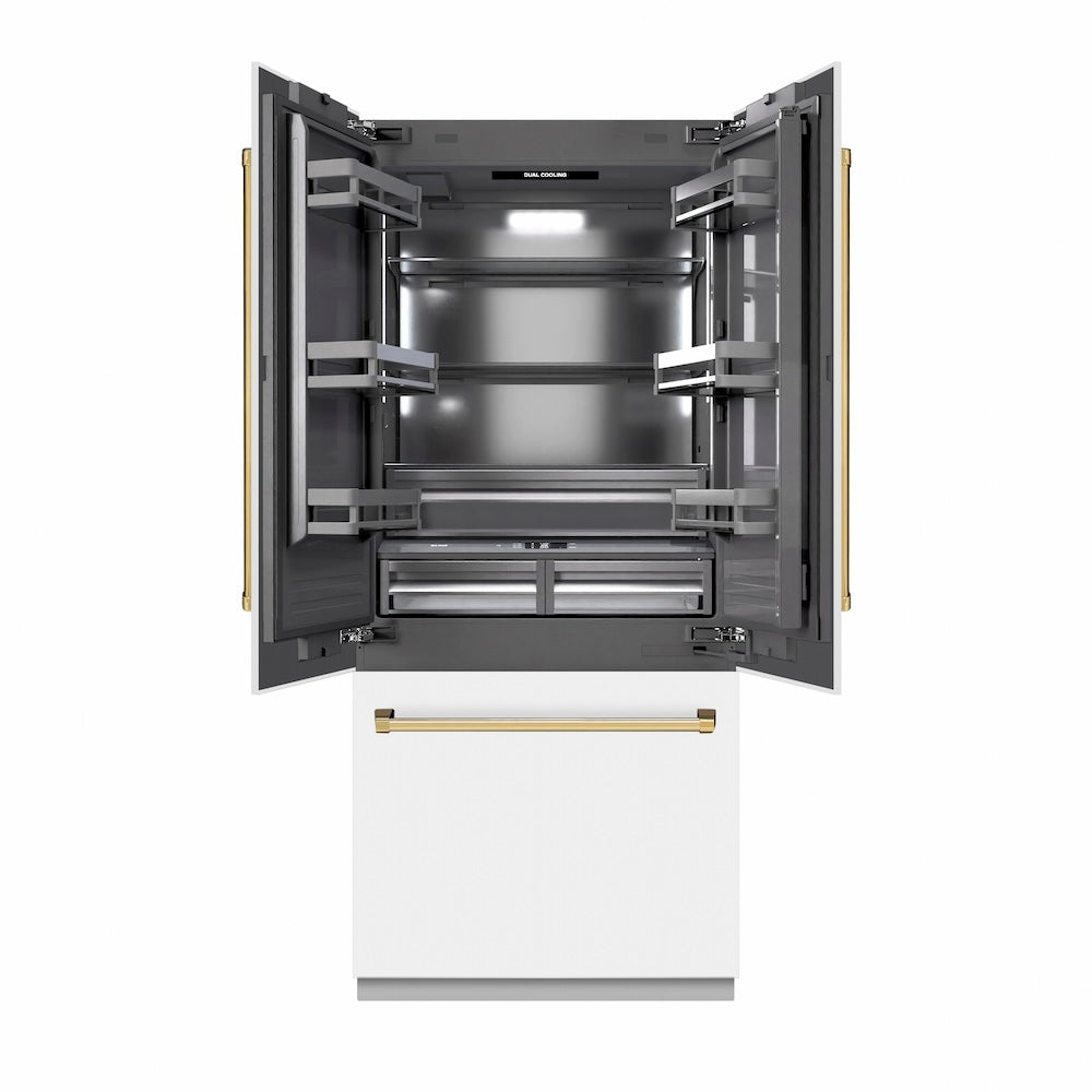 ZLINE Autograph Edition 36-inch refrigerator in white matte with graphite gray interior and polished gold accents GRBIVZ-WM-36-G