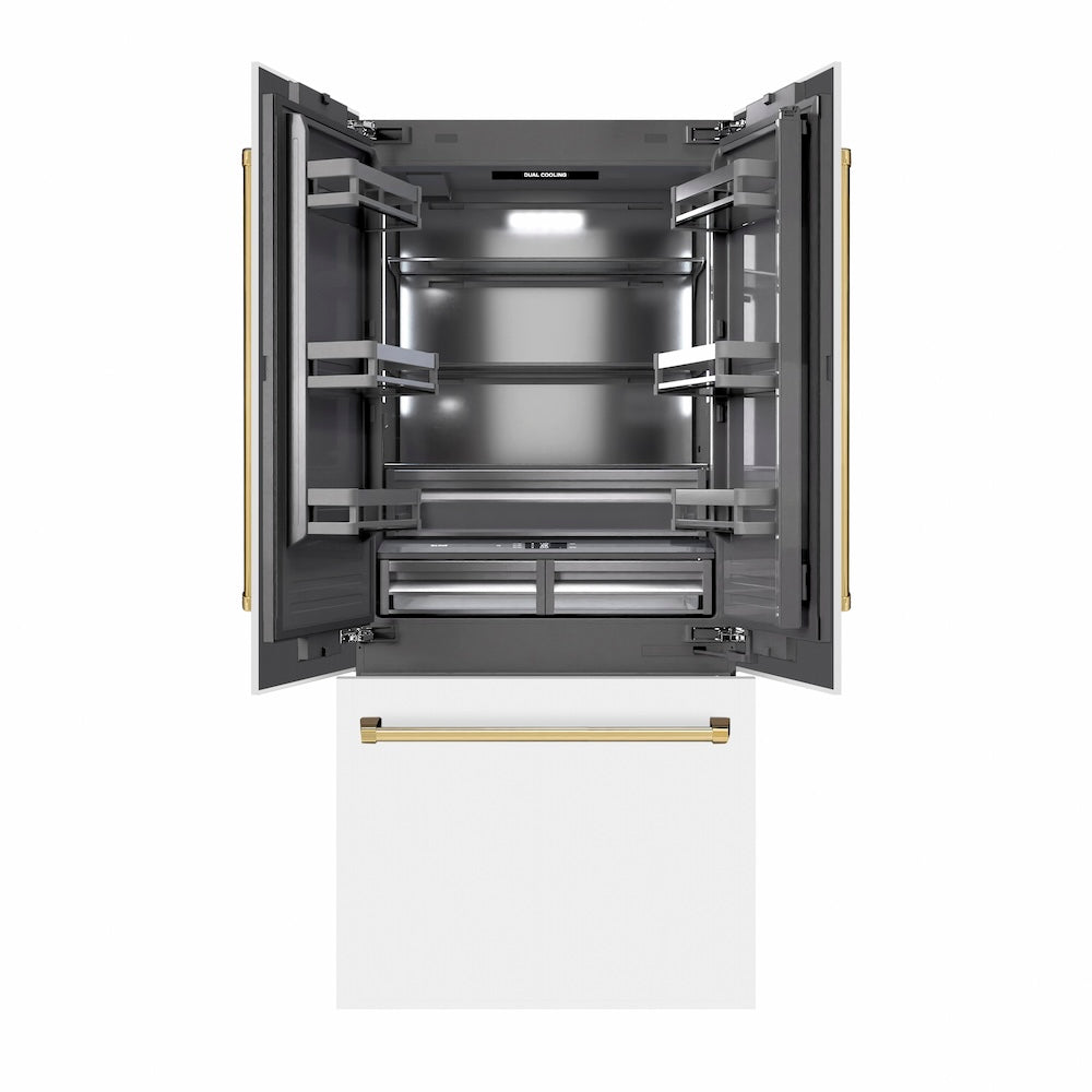 ZLINE Autograph Edition 36-inch refrigerator in white matte with graphite gray interior and polished gold accents GRBIVZ-WM-36-G, front view